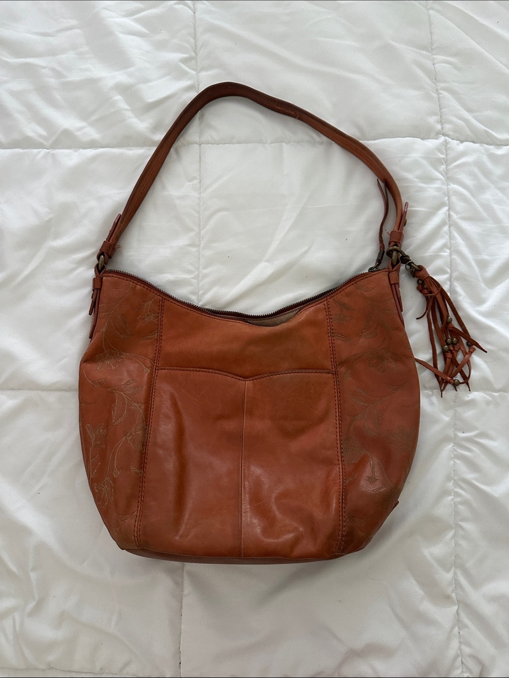 The Sak Sequoia Leather tooled hobo shoulder bag purse zip top outside pockets